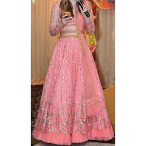 Pink and Gold Lehenga Choli with Long Sleeves